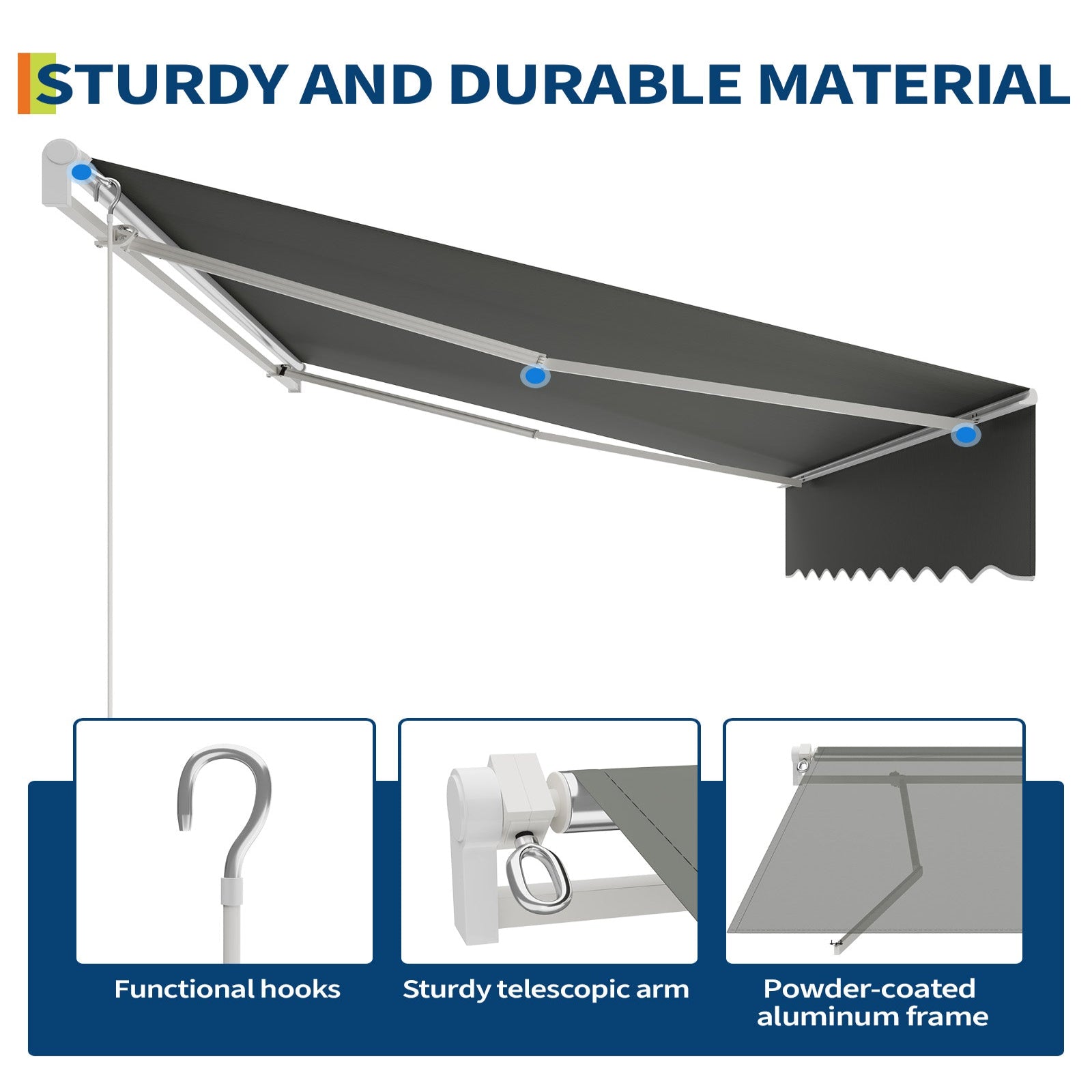 Garvee 13 × 10 ft Manual Retractable Awning, 280g Polyester Patio Sun Shade with Aluminum Frame, 5 ft Crank Handle & Adjustable Angle for Deck, Porch and Balcony, Grey