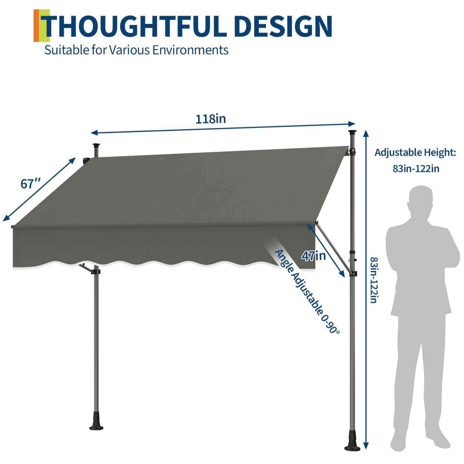 Garvee 118"x118" Retractable Patio Awning, Manual Outdoor Sunshade, Adjustable Height & Angle, UV & Water-Resistant, Durable Fabric, Grey