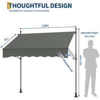 Garvee 118"x118" Retractable Patio Awning, Manual Outdoor Sunshade, Adjustable Height & Angle, UV & Water-Resistant, Durable Fabric, Grey