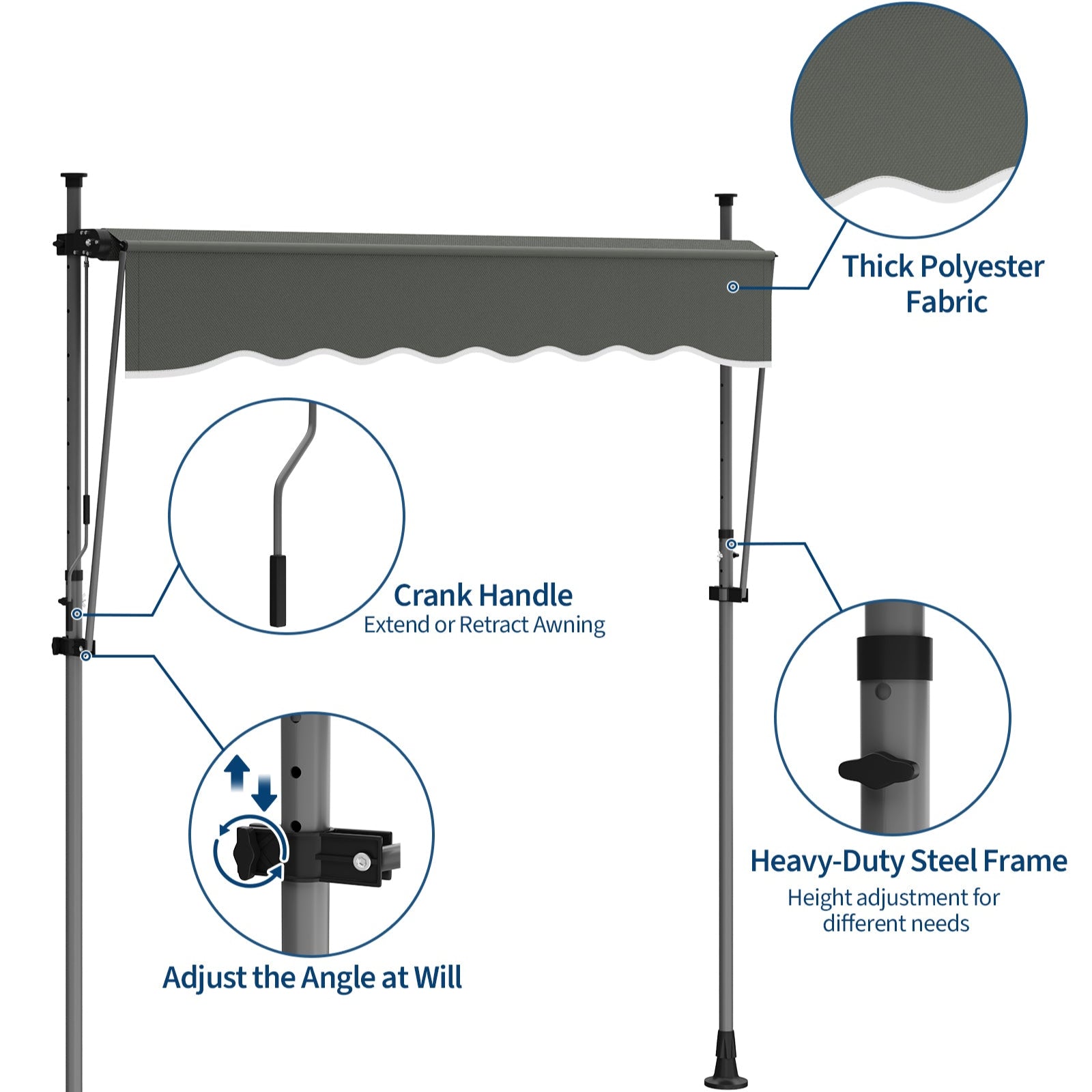 Garvee 118"x118" Retractable Patio Awning, Manual Outdoor Sunshade, Adjustable Height & Angle, UV & Water-Resistant, Durable Fabric, Grey
