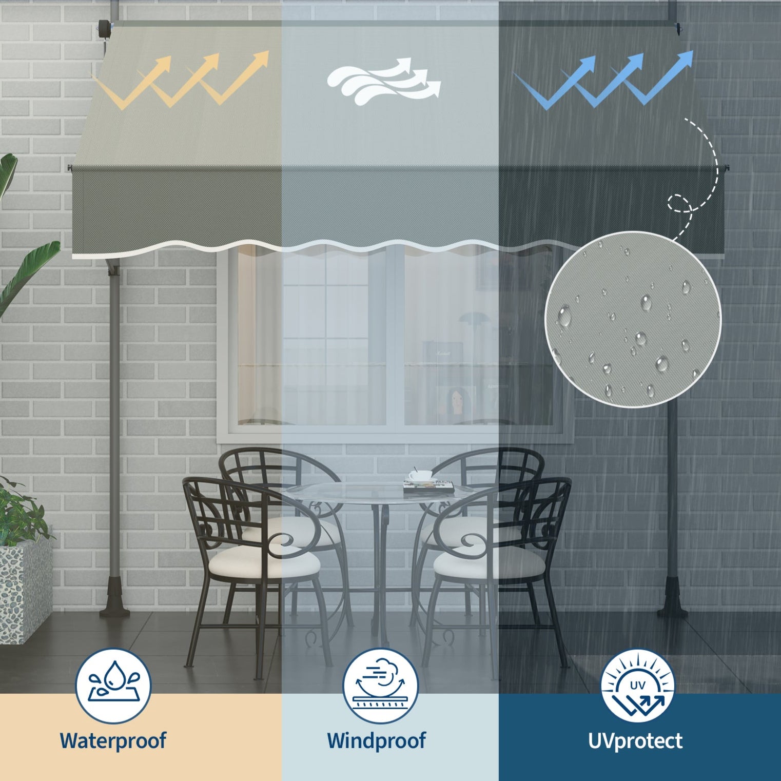 Garvee 118"x118" Retractable Patio Awning, Manual Outdoor Sunshade, Adjustable Height & Angle, UV & Water-Resistant, Durable Fabric, Grey