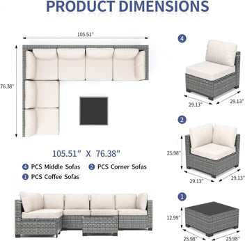 Garvee 7-Piece Outdoor Patio Sectional Sofa, All-Weather PE Wicker Conversation Set with Cushions & Glass Coffee Table for Patio, Porch, Garden, Poolside, Grey + Beige