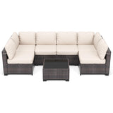 Garvee 7-Piece PE Rattan Outdoor Patio Set Modular Sectional Sofa Thick Cushions Glass Top Coffee Table Garden Balcony Porch - Brown + Beige