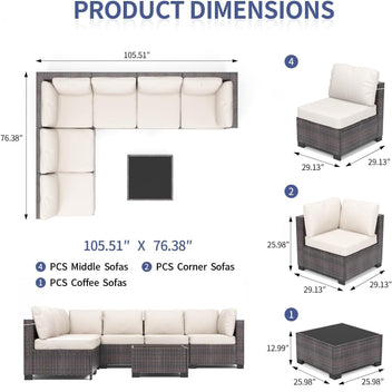 Garvee 7-Piece Outdoor Patio Sectional Sofa, All-Weather PE Wicker Conversation Set with Cushions & Glass Coffee Table for Patio, Porch, Garden, Poolside, Brown + Beige