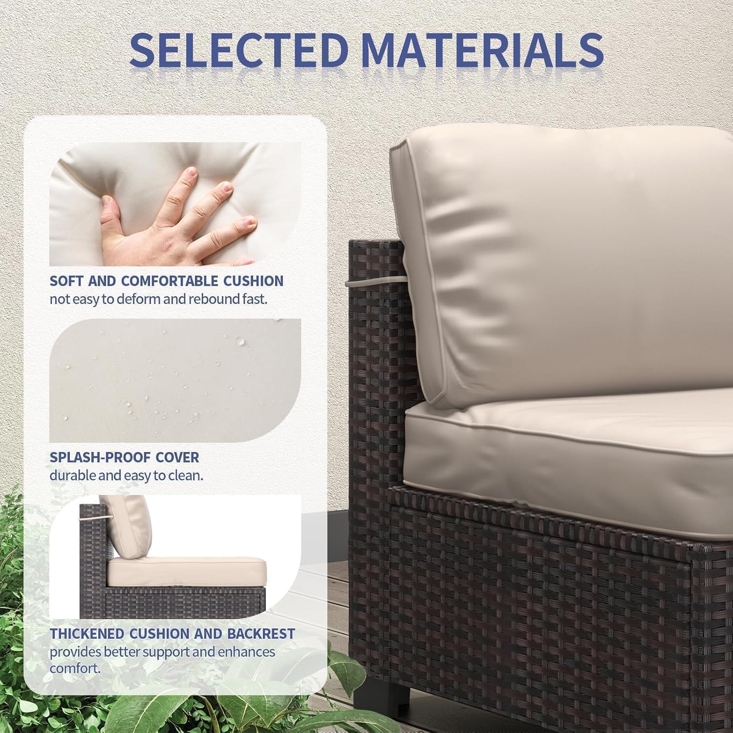 Garvee 7-Piece PE Rattan Outdoor Patio Set Modular Sectional Sofa Thick Cushions Glass Top Coffee Table Garden Balcony Porch