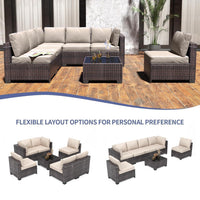 Garvee 7-Piece PE Rattan Outdoor Patio Set Modular Sectional Sofa Thick Cushions Glass Top Coffee Table Garden Balcony Porch