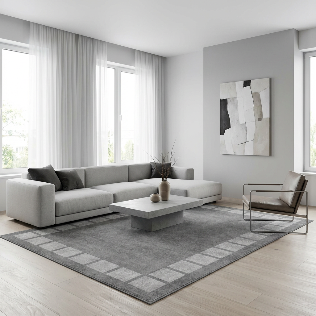 Garvee Modern Bordered Area Rug 6x9 Distressed Geometric Plaid Rug Non Slip Non Shedding Floor Carpet, Soft Thin Rug, Washable Low Pile Rug, Gray Printed Rug for Bedroom, Living Room
