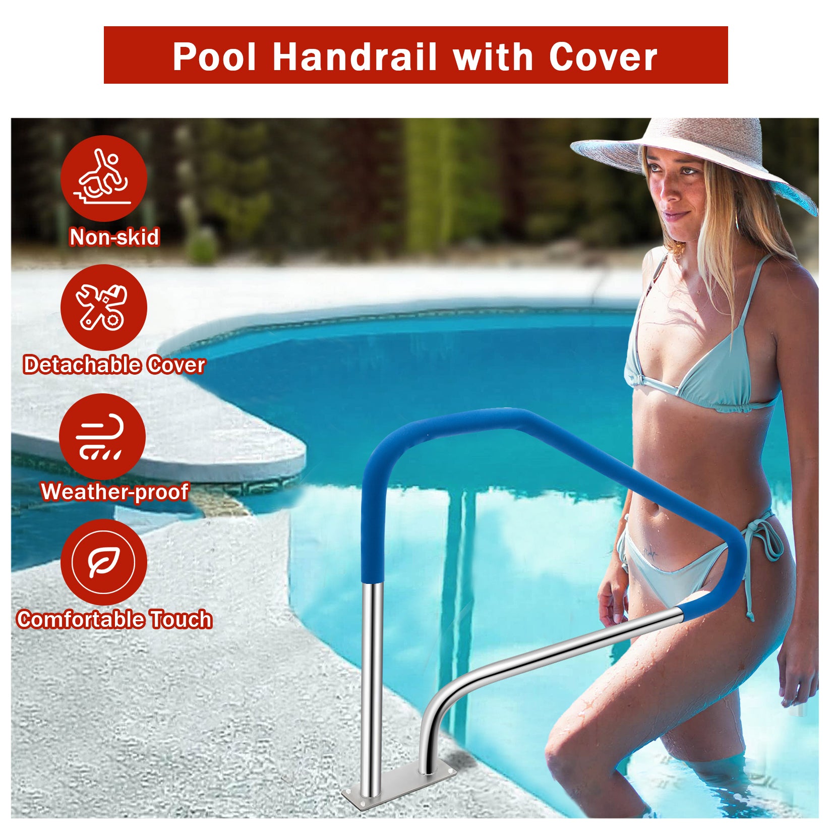 Garvee 54" Pool Handrail for Inground Pools, 304 Stainless Steel Stair Rail with Non-Slip Grip, 375 lb Capacity, Easy Install