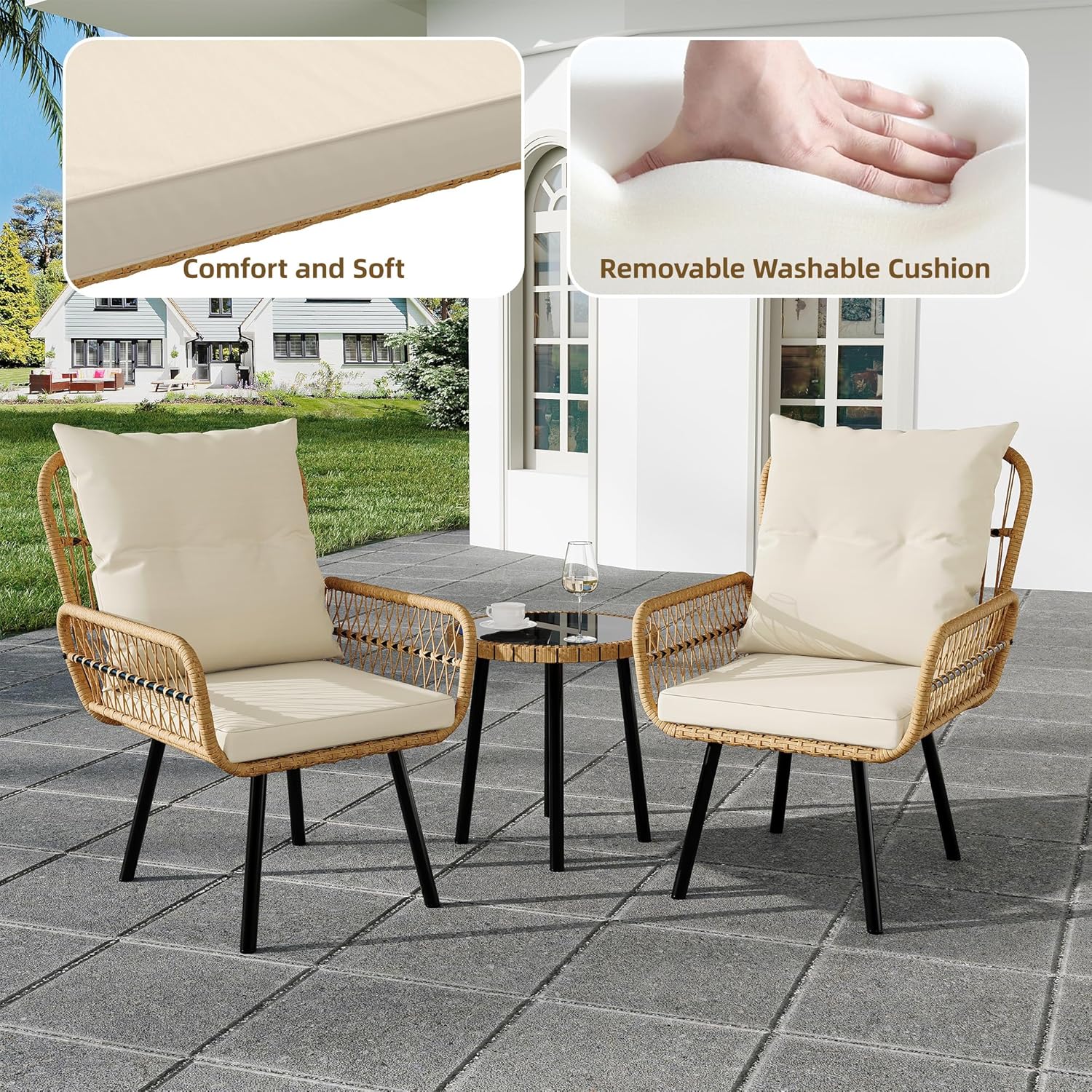Garvee 3 Piece Outdoor Wicker Patio Bistro Set, Rattan Conversation Set with Glass Top Coffee Table and Cushioned Chairs, All-Weather Balcony Furniture Set for Poolside, Garden, Backyard, Beige