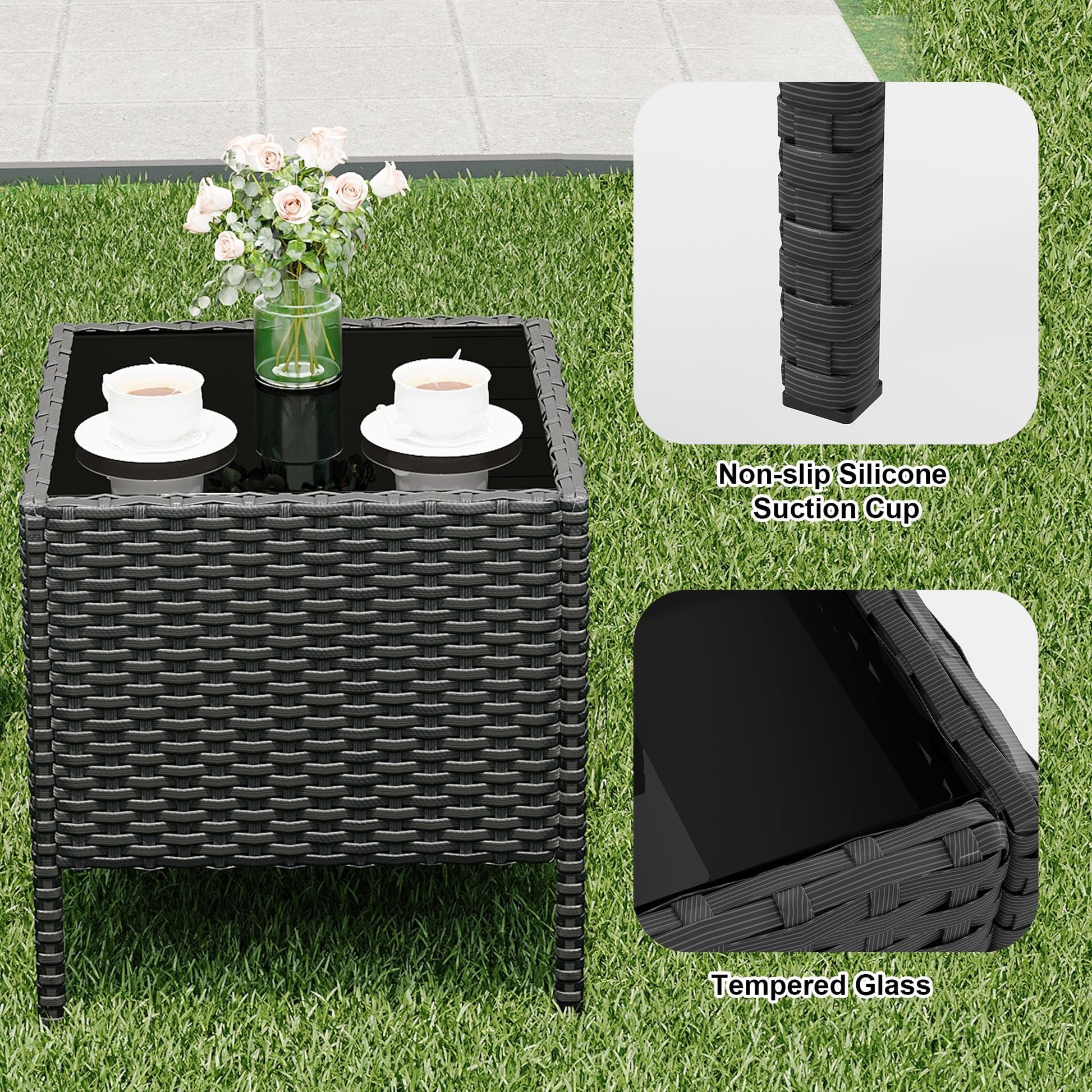Garvee 3 Pieces Outdoor Patio Furniture Sets, Rattan Patio Table and Chairs Set with Soft Cushion and balck Table, Outdoor Furniture for Garden, Backyard, Porch, Poolside