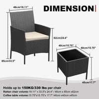 Garvee 3 Pieces Outdoor Patio Furniture Sets, Rattan Patio Table and Chairs Set with Soft Cushion and balck Table, Outdoor Furniture for Garden, Backyard, Porch, Poolside