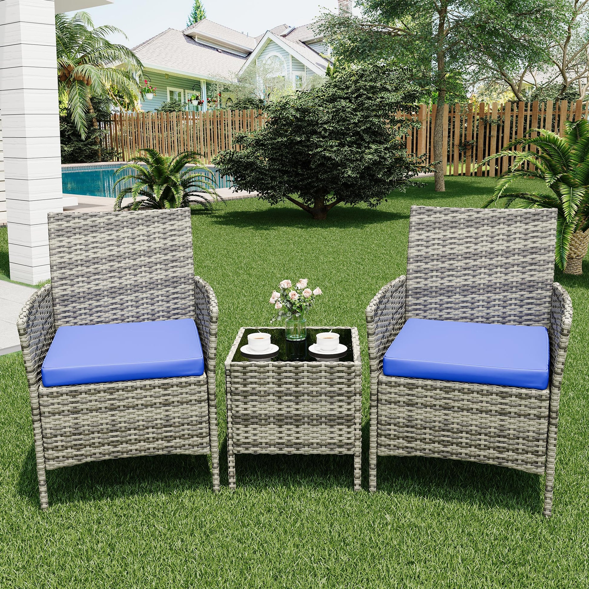 Garvee 3 Pieces Outdoor Patio Furniture Sets, Rattan Patio Table and Chairs Set with Soft Cushion and gray Table, Outdoor Furniture for Garden, Backyard, Porch, Poolside