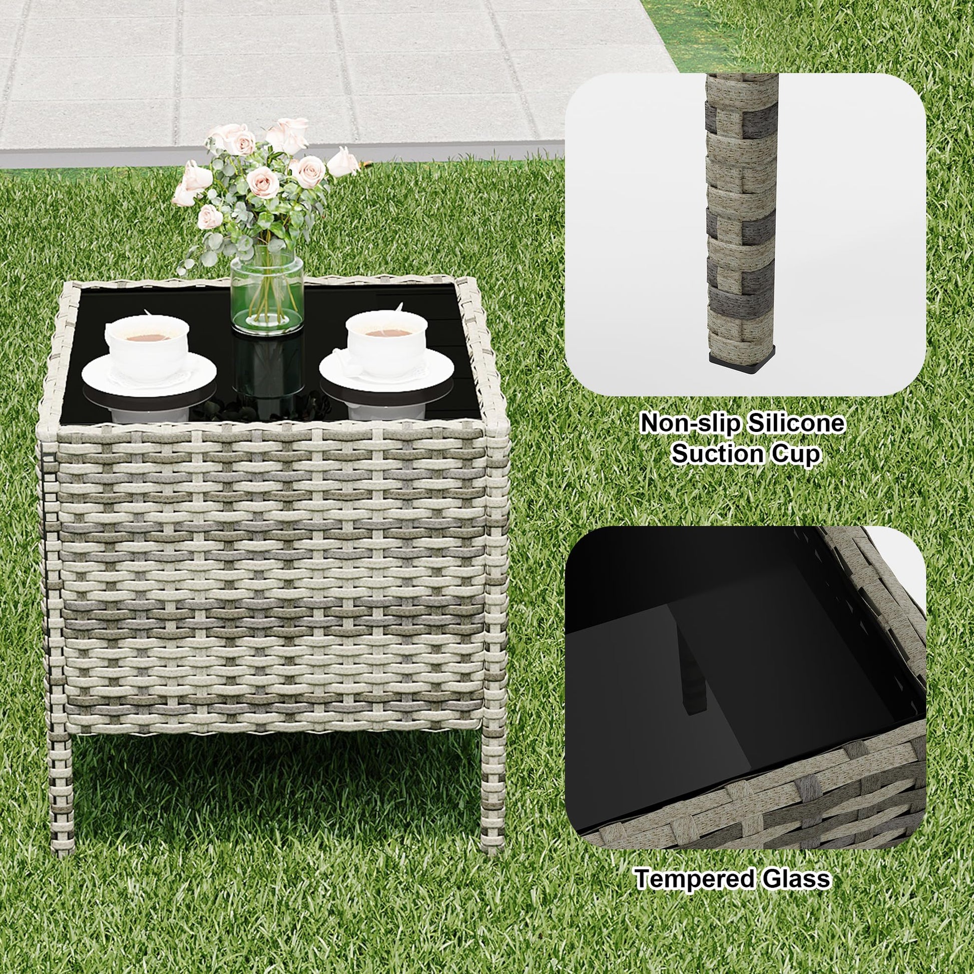Garvee 3 Pieces Outdoor Patio Furniture Sets, Rattan Patio Table and Chairs Set with Soft Cushion and gray Table, Outdoor Furniture for Garden, Backyard, Porch, Poolside