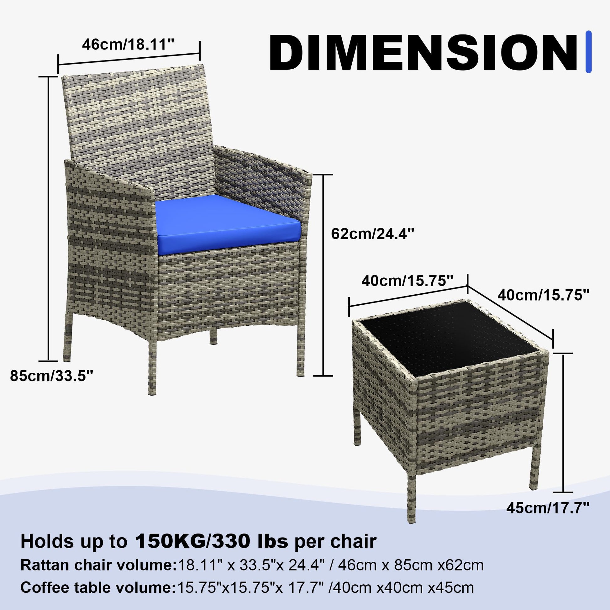 Garvee 3 Pieces Outdoor Patio Furniture Sets, Rattan Patio Table and Chairs Set with Soft Cushion and gray Table, Outdoor Furniture for Garden, Backyard, Porch, Poolside