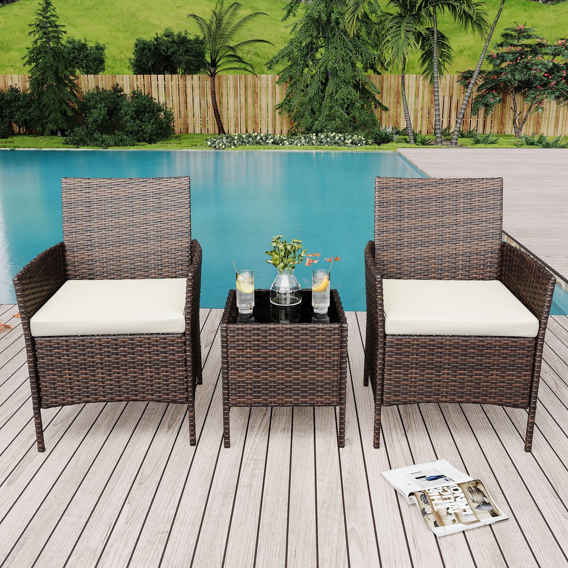 Garvee 3 Pieces Outdoor Patio Furniture Sets, Rattan Patio Table and Chairs Set with Soft Cushion and Brown Table, Outdoor Furniture for Garden, Backyard, Porch, Poolside
