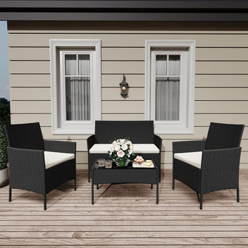 Garvee 4-Piece Rattan Patio Conversation Set with Cushioned Seating & Coffee Table, Black/Cream White