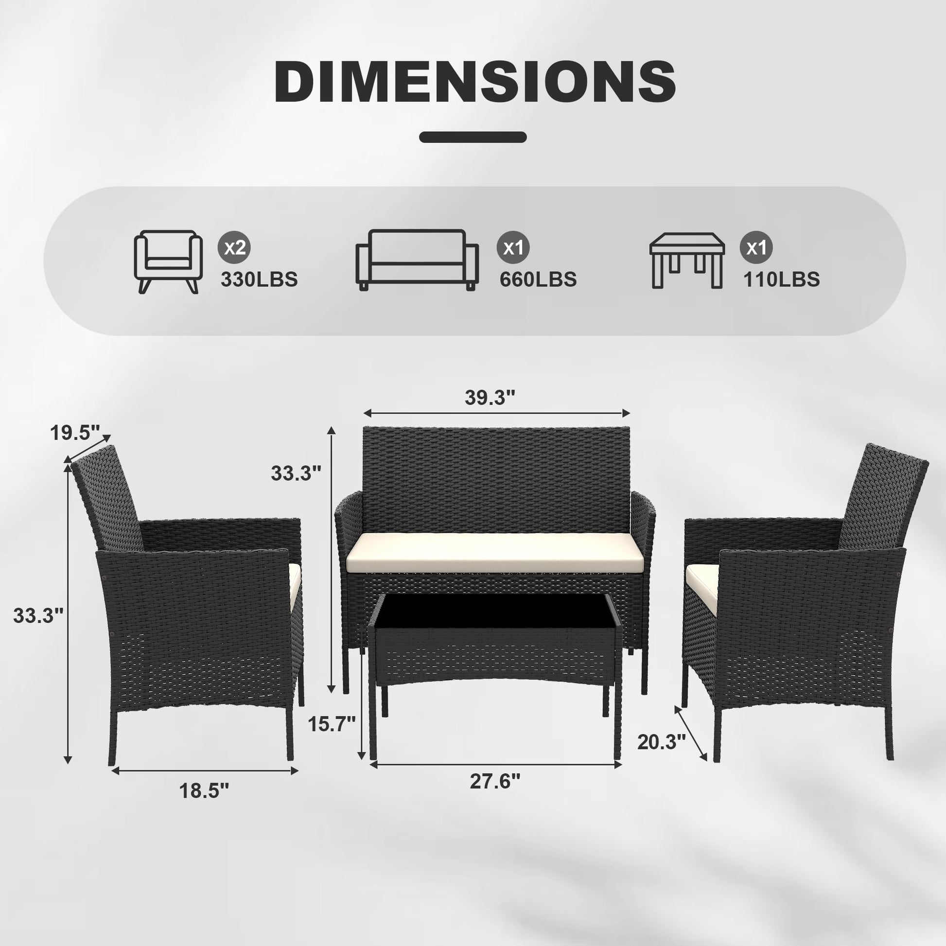 Garvee 4-Piece Rattan Patio Conversation Set with Cushioned Seating & Coffee Table, Black/Cream White