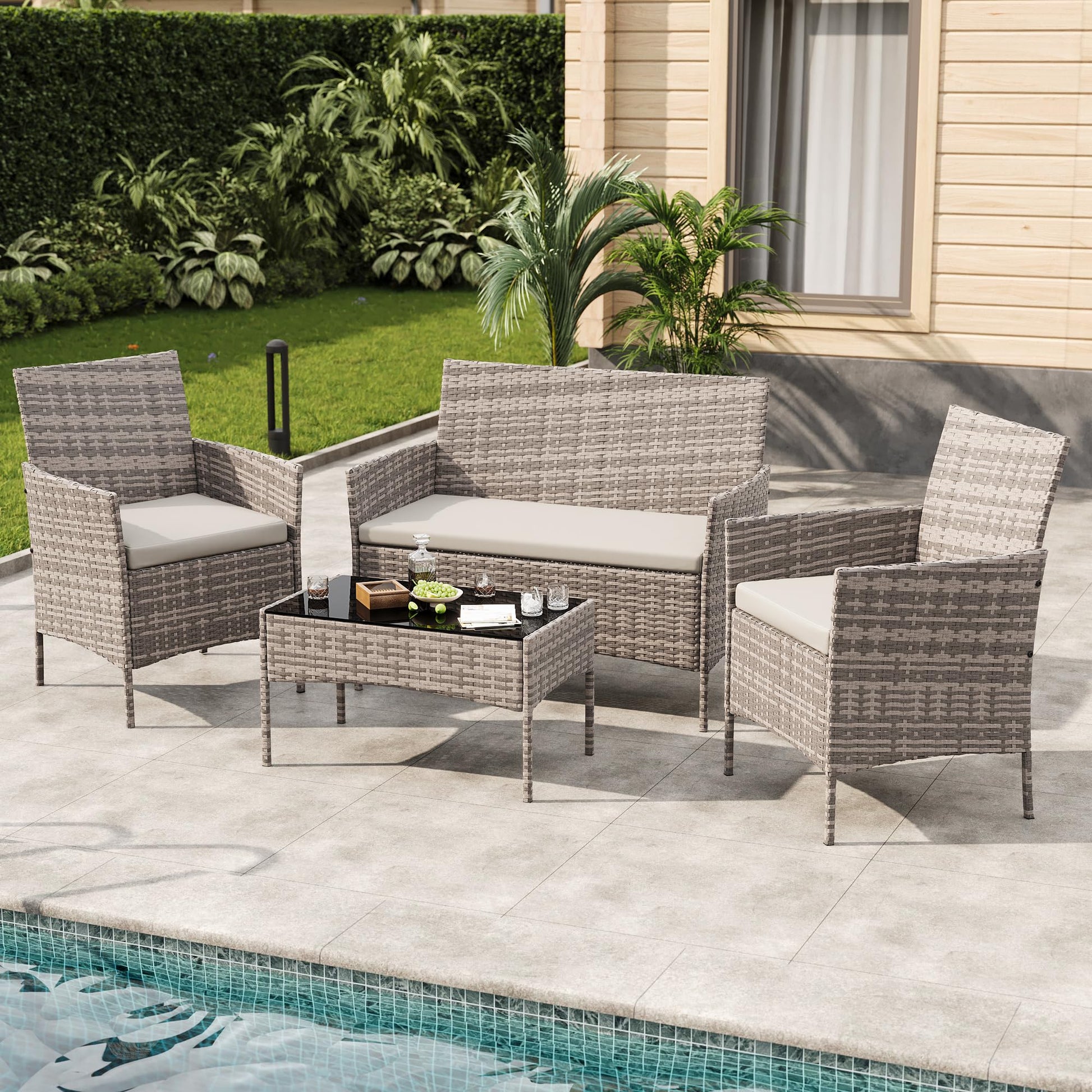 Garvee 4-Piece Rattan Patio Conversation Set with Cushioned Seating & Coffee Table, Grey