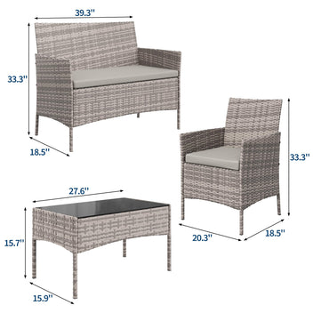 Garvee 4-Piece Rattan Patio Conversation Set, Gray Wicker Outdoor Sofa Set with Light Gray Cushions & Glass Table