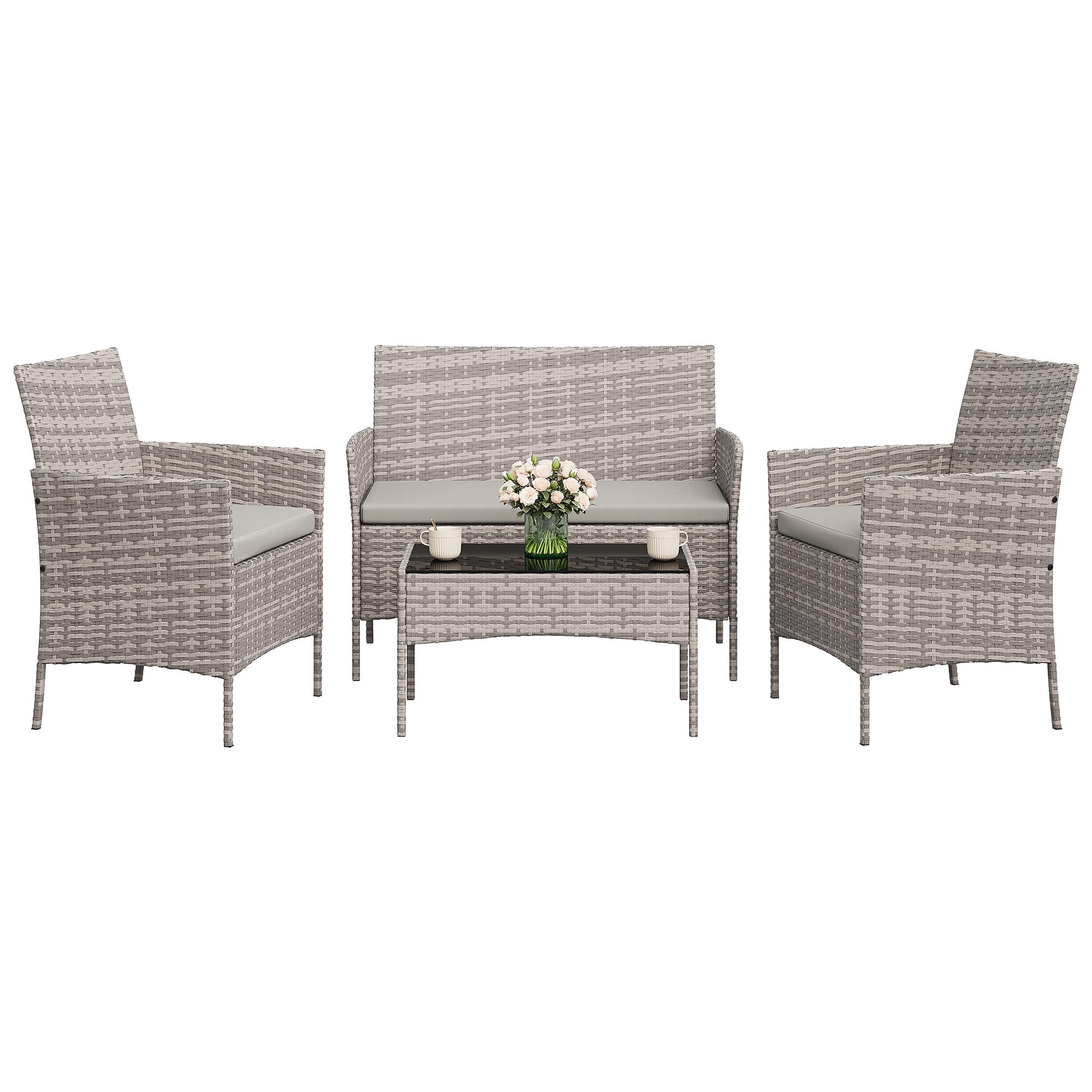 Garvee 4-Piece Rattan Patio Conversation Set with Cushioned Seating & Coffee Table, Grey