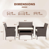 Garvee 4-Piece Rattan Patio Conversation Set with Cushioned Seating & Coffee Table, Brown/White