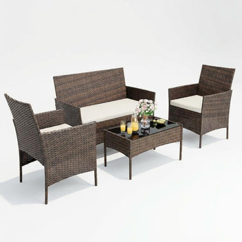 Garvee 4-Piece Rattan Patio Conversation Set with Cushioned Seating & Coffee Table, Brown/White