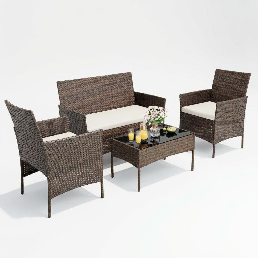Garvee 4-Piece Rattan Patio Conversation Set with Cushioned Seating & Coffee Table, Brown/White