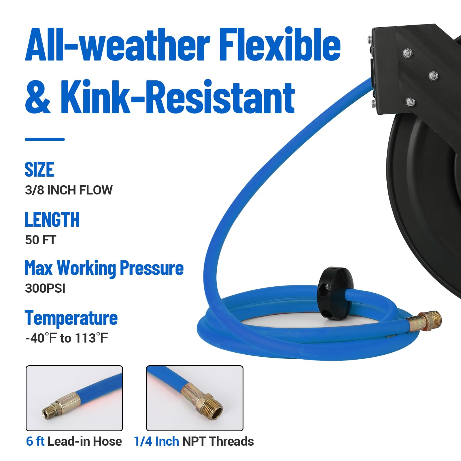Garvee Enclosed Retractable Air Hose Reel 3/8in x 50Ft Hybrid Hose Auto-Lock Design Metal 180° Swivel Bracket Quick Coupler Workshop Use