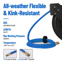 Garvee Enclosed Retractable Air Hose Reel 3/8in x 50Ft Hybrid Hose Auto-Lock Design Metal 180° Swivel Bracket Quick Coupler Workshop Use