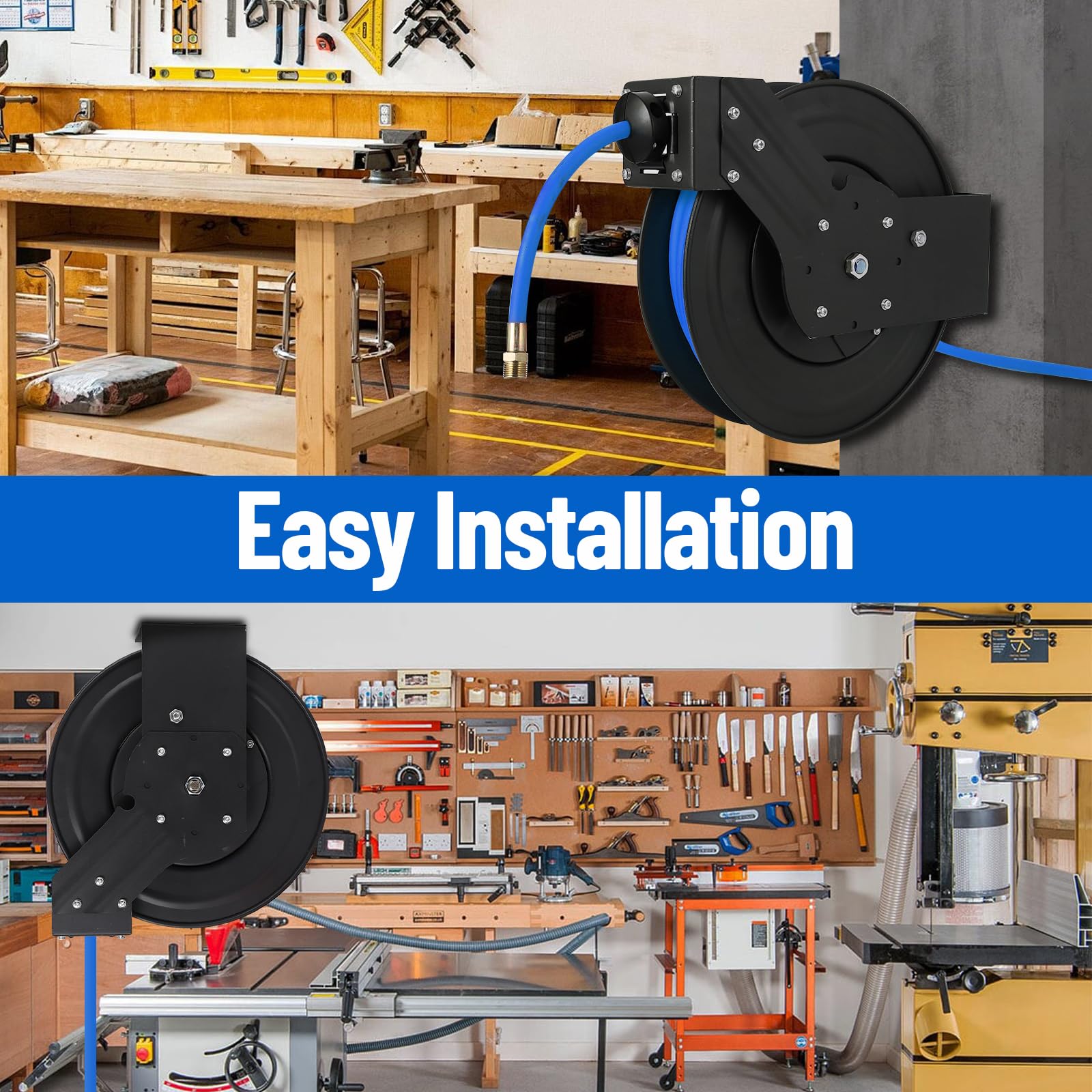 Garvee Enclosed Retractable Air Hose Reel 3/8in x 50Ft Hybrid Hose Auto-Lock Design Metal 180° Swivel Bracket Quick Coupler Workshop Use