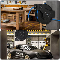 Garvee Enclosed Retractable Air Hose Reel 3/8in x 50Ft Hybrid Hose Auto-Lock Design Metal 180° Swivel Bracket Quick Coupler Workshop Use
