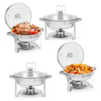 Garvee 4-Pack Chafing Dishes Buffet Set, 5 QT Stainless Steel Round Servers with Glass Lids, Holders & Drip Trays for Catering, Parties, Weddings & Banquets, Silver