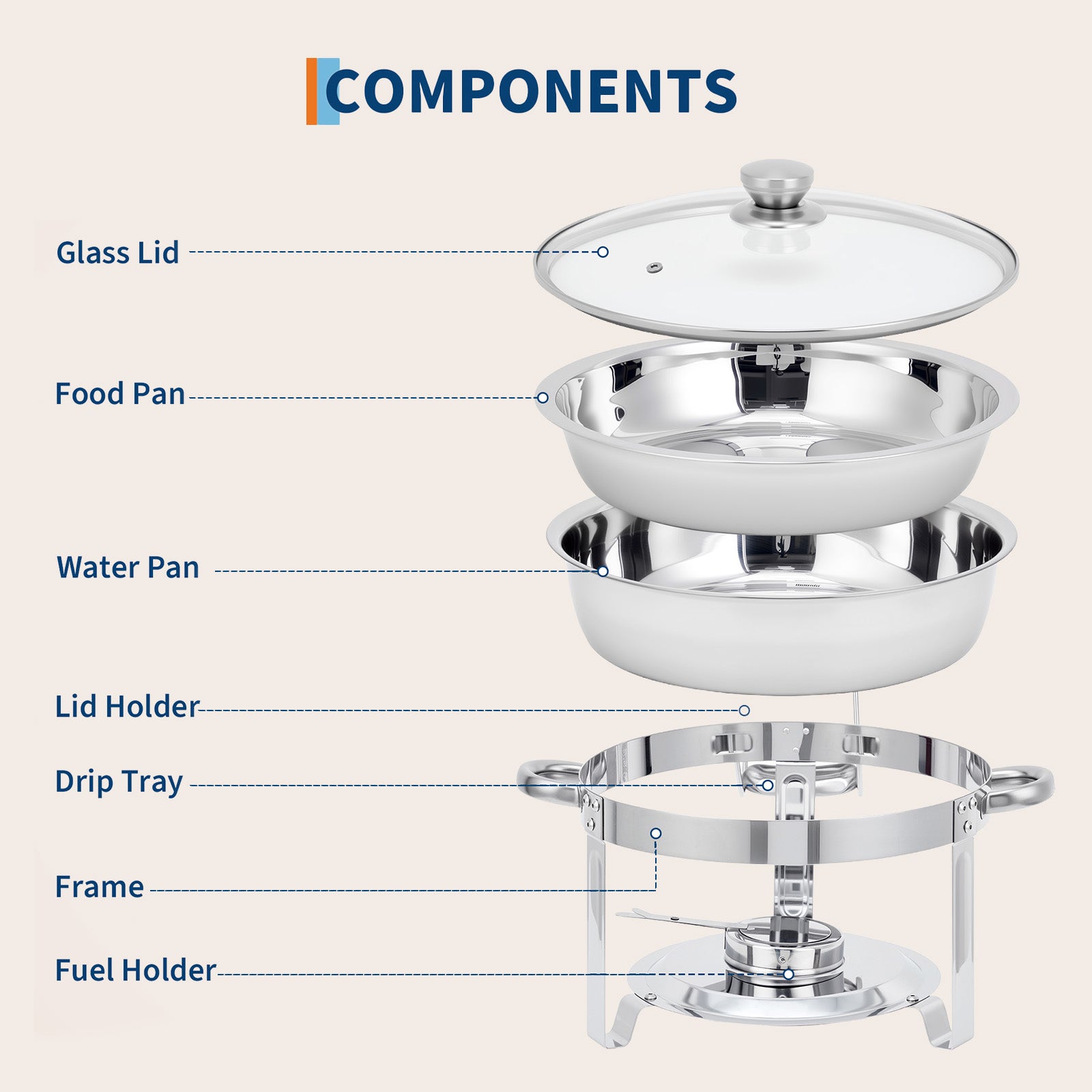 Garvee 4-Pack Chafing Dishes Buffet Set, 5 QT Stainless Steel Round Servers with Glass Lids, Holders & Drip Trays for Catering, Parties, Weddings & Banquets, Silver
