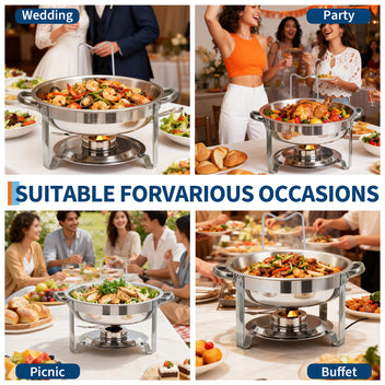 Garvee 4-Pack Chafing Dishes Buffet Set, 5 QT Stainless Steel Round Servers with Glass Lids, Holders & Drip Trays for Catering, Parties, Weddings & Banquets, Silver