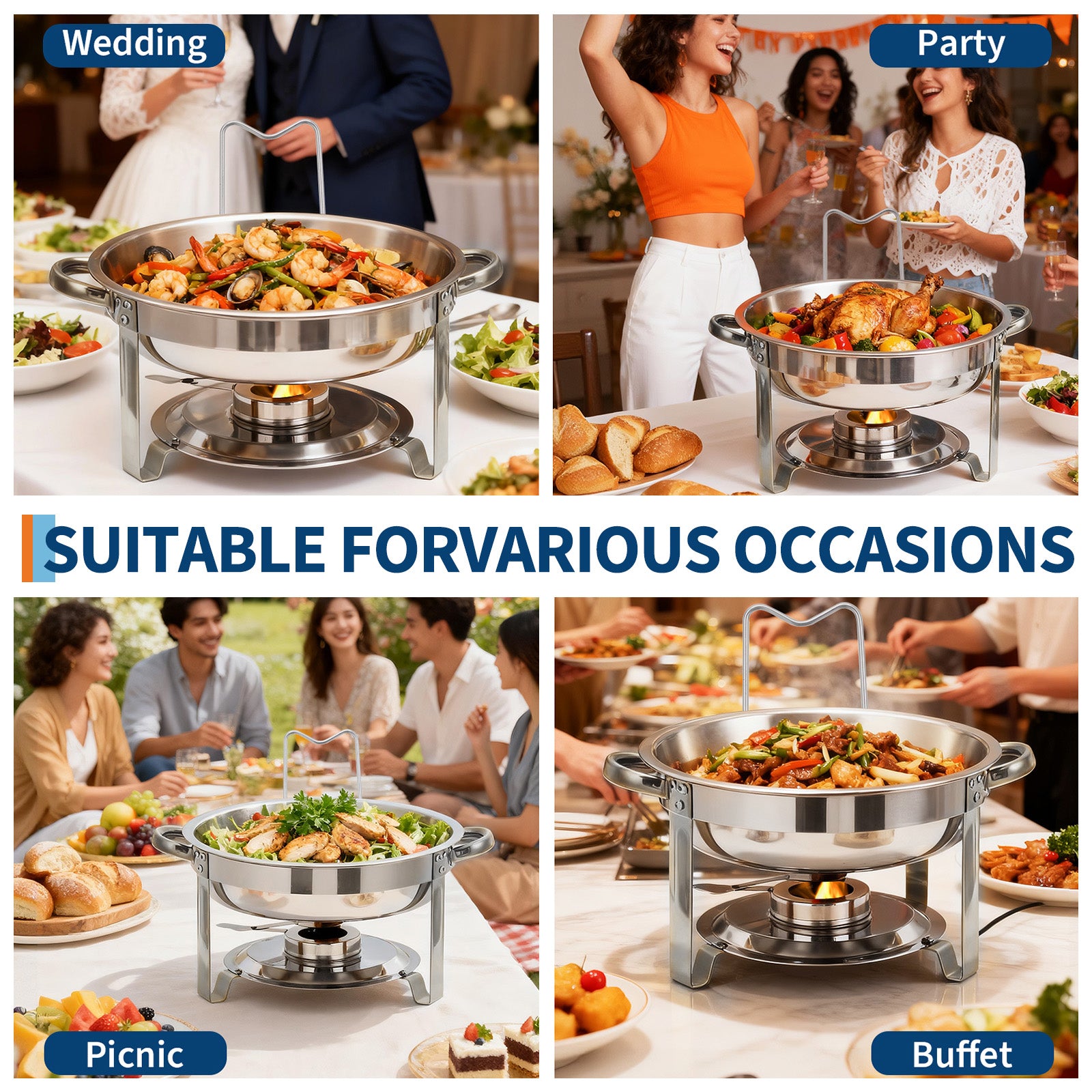 Garvee 4-Pack Chafing Dishes Buffet Set, 5 QT Stainless Steel Round Servers with Glass Lids, Holders & Drip Trays for Catering, Parties, Weddings & Banquets, Silver