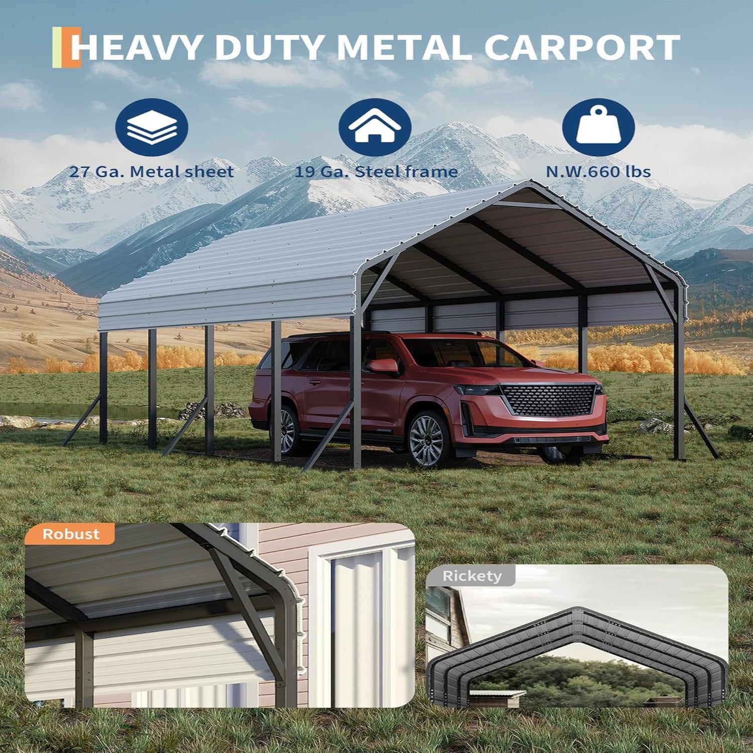 Garvee Oversized Metal Carport 13'x21'x11' Steel Heavy Duty, 600 Lbs Weight, 27 Gauge Sheet Metal Roof, Rust-Resistant Coating, All-Weather Shelter for Trucks & Boats