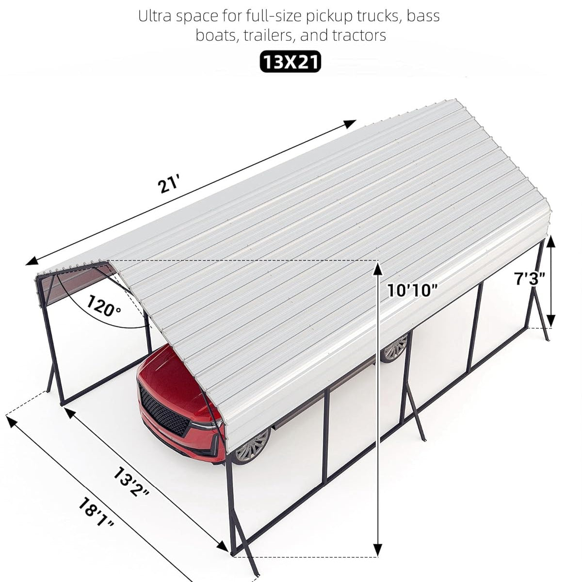Garvee Oversized Metal Carport 13'x21'x11' Steel Heavy Duty, 600 Lbs Weight, 27 Gauge Sheet Metal Roof, Rust-Resistant Coating, All-Weather Shelter for Trucks & Boats