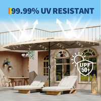 Garvee 15' Rectangular Patio Umbrella with Solar Lights, Double-Sided, Alloy Steel Pole, Waterproof Polyester, Poolside Garden