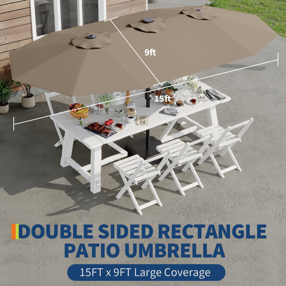 Garvee 15' Rectangular Patio Umbrella with Solar Lights, Double-Sided, Alloy Steel Pole, Waterproof Polyester, Poolside Garden