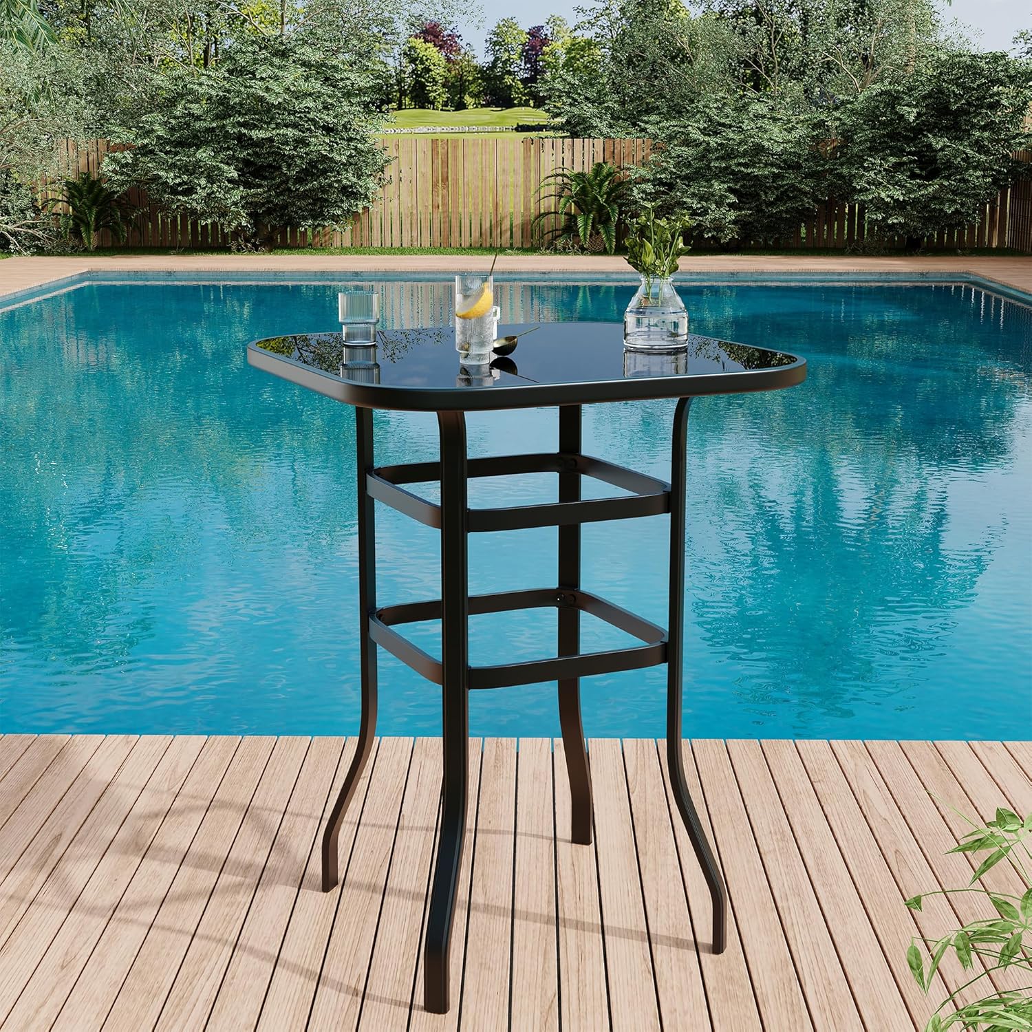 Garvee 31.5"x31.5"x40.6"  Bistro Square Table, Metal Frame Patio Bar Table Tempered Glass, Outdoor Bar Tables