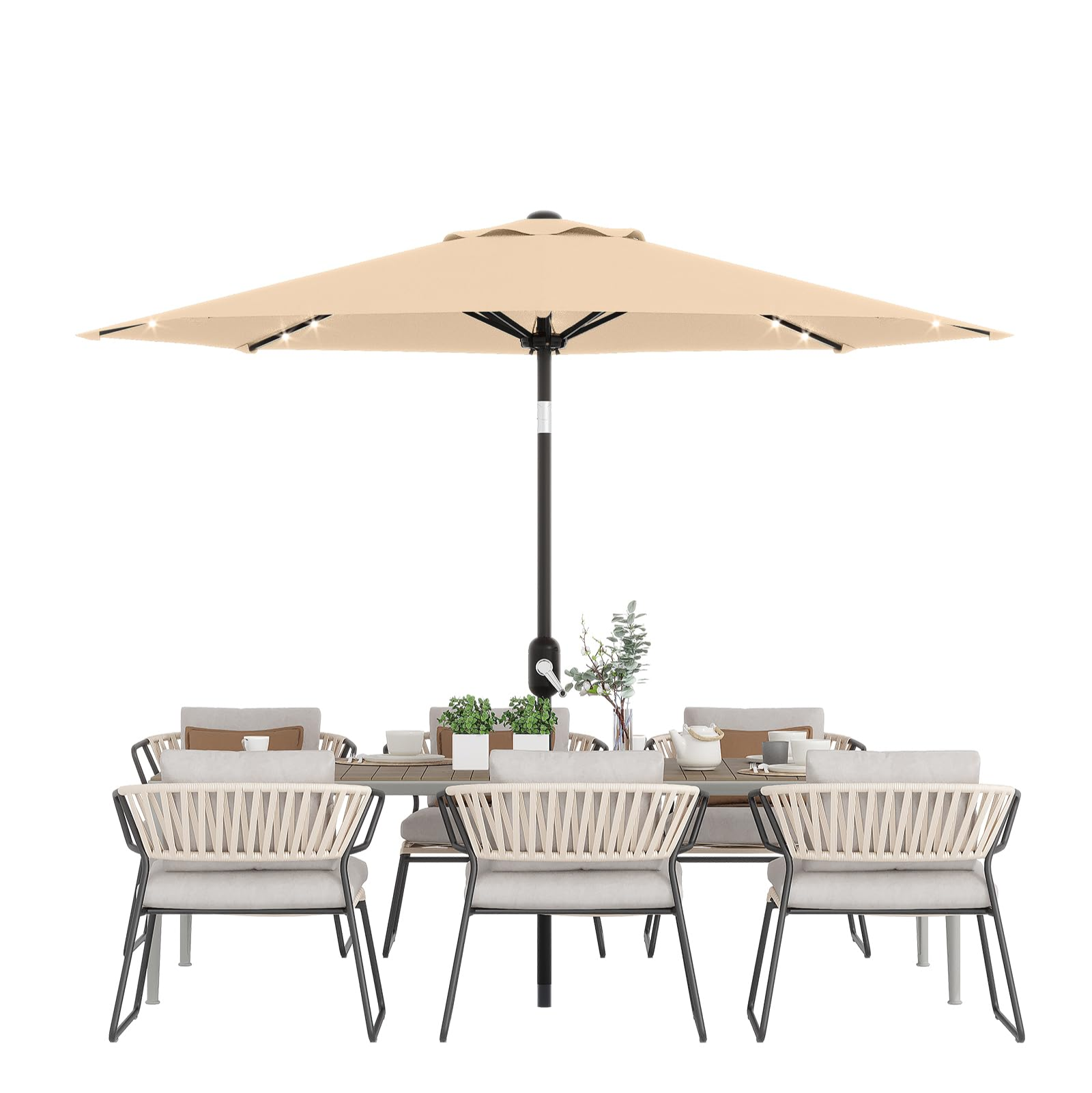Garvee 10' Solar Patio Umbrella with 40 LED Lights, Outdoor Market Umbrella with Auto-Tilt Crank & Weather-Resistant Canopy, Tan