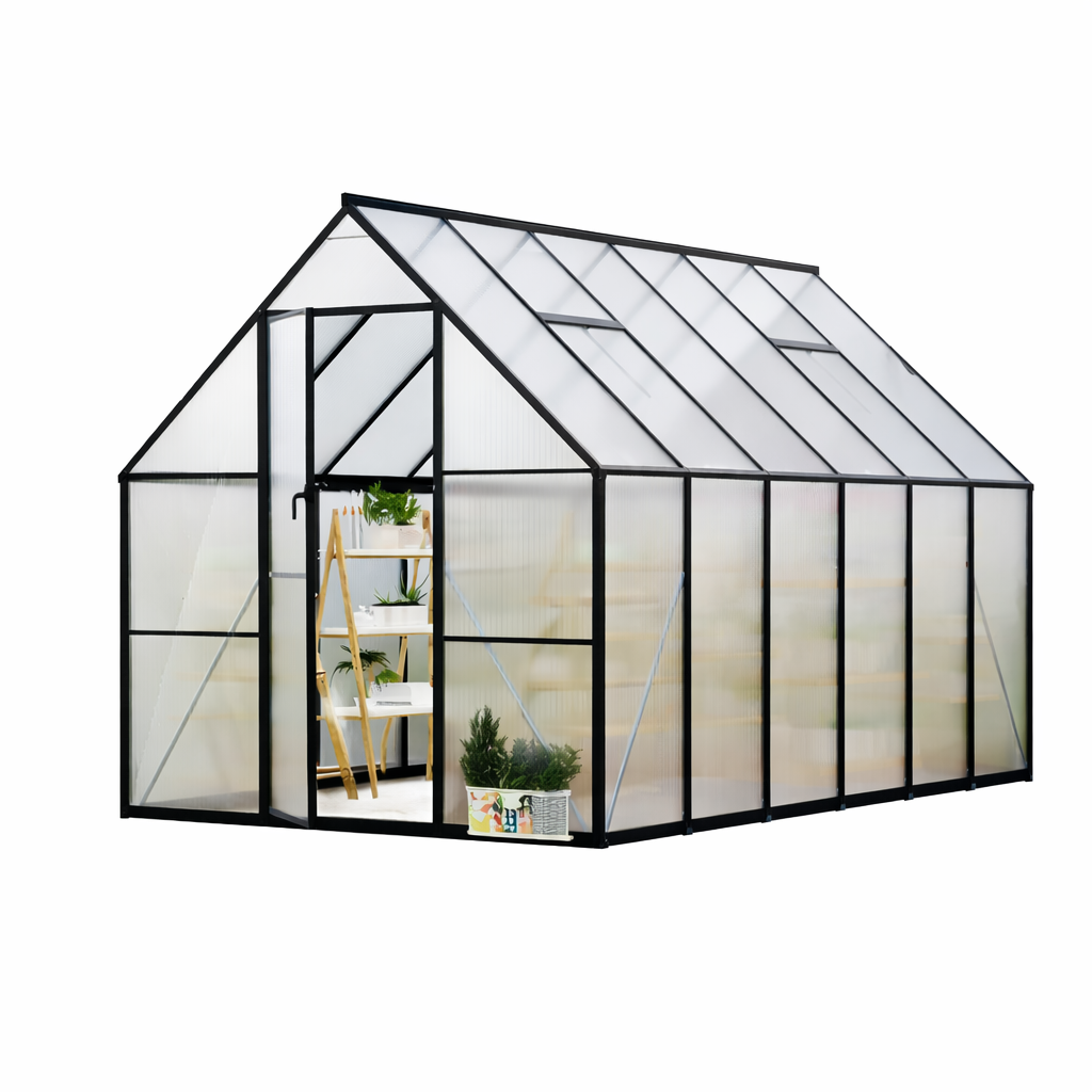 Garvee 8 × 12 ft Walk-In Greenhouse, Black Polycarbonate Greenhouse with Aluminum Frame, 1 Roof Vent, Gutter System & Lockable Door for Backyard Garden