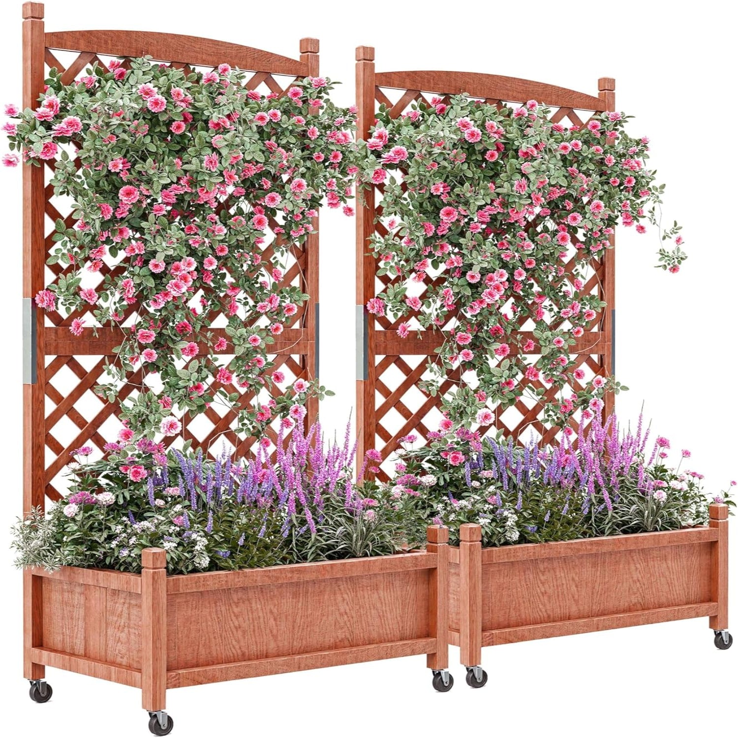 Garvee 2-Pack 29.5" × 13" × 60" Raised Garden Bed with Trellis, Wood Planter Box with Wheels & Drainage Holes