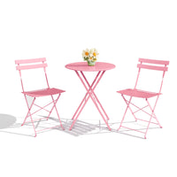 Garvee 3-Piece Folding Patio Bistro Set, Powder-Coated Metal Table and 2 Chairs for Balcony, Porch, Garden, Small Outdoor Spaces,Pink