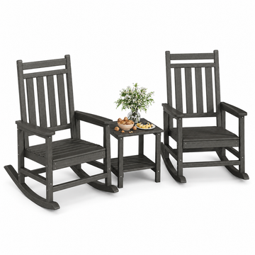 Garvee 3-Piece HDPE Patio Rocking Chair Set with Side Table, High Back Porch Rockers, Black