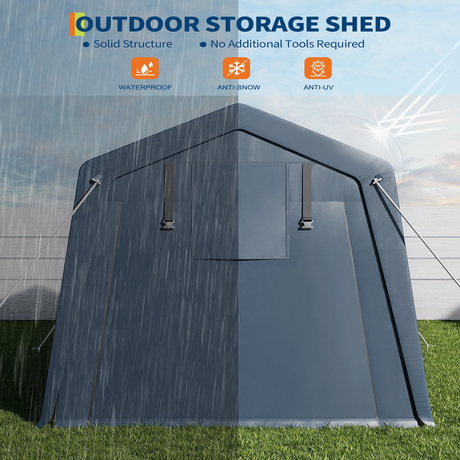 Garvee Portable Outdoor Storage Shed 6x6 FT with Dual Roll-Up Zipper Doors & Vents, 240G Heavy-Duty Waterproof PE Tarp, UV-Resistant Steel Frame, Gray, Motorcycle & Tool Shelter
