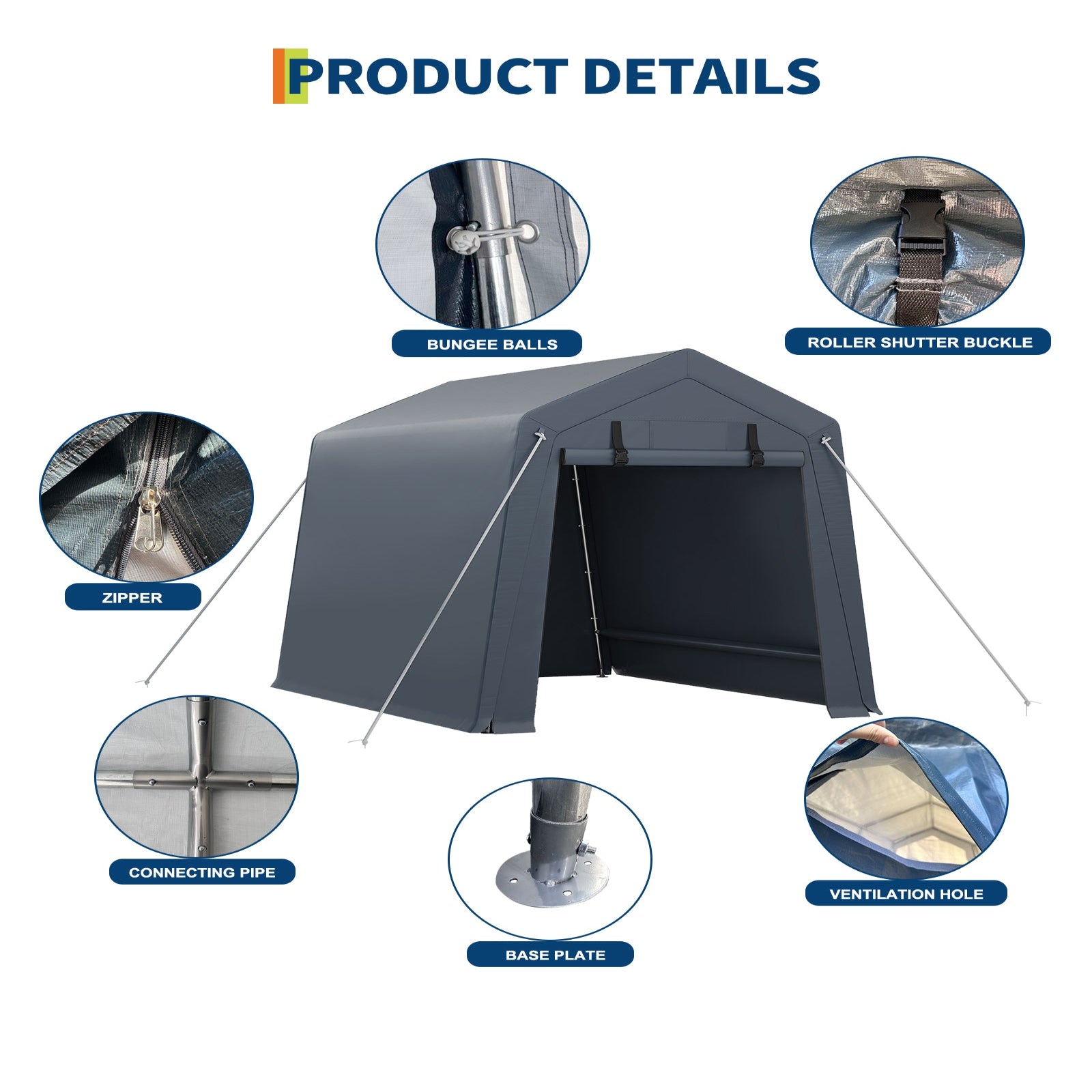 Garvee Portable Outdoor Storage Shed 6x6 FT with Dual Roll-Up Zipper Doors & Vents, 240G Heavy-Duty Waterproof PE Tarp, UV-Resistant Steel Frame, Gray, Motorcycle & Tool Shelter