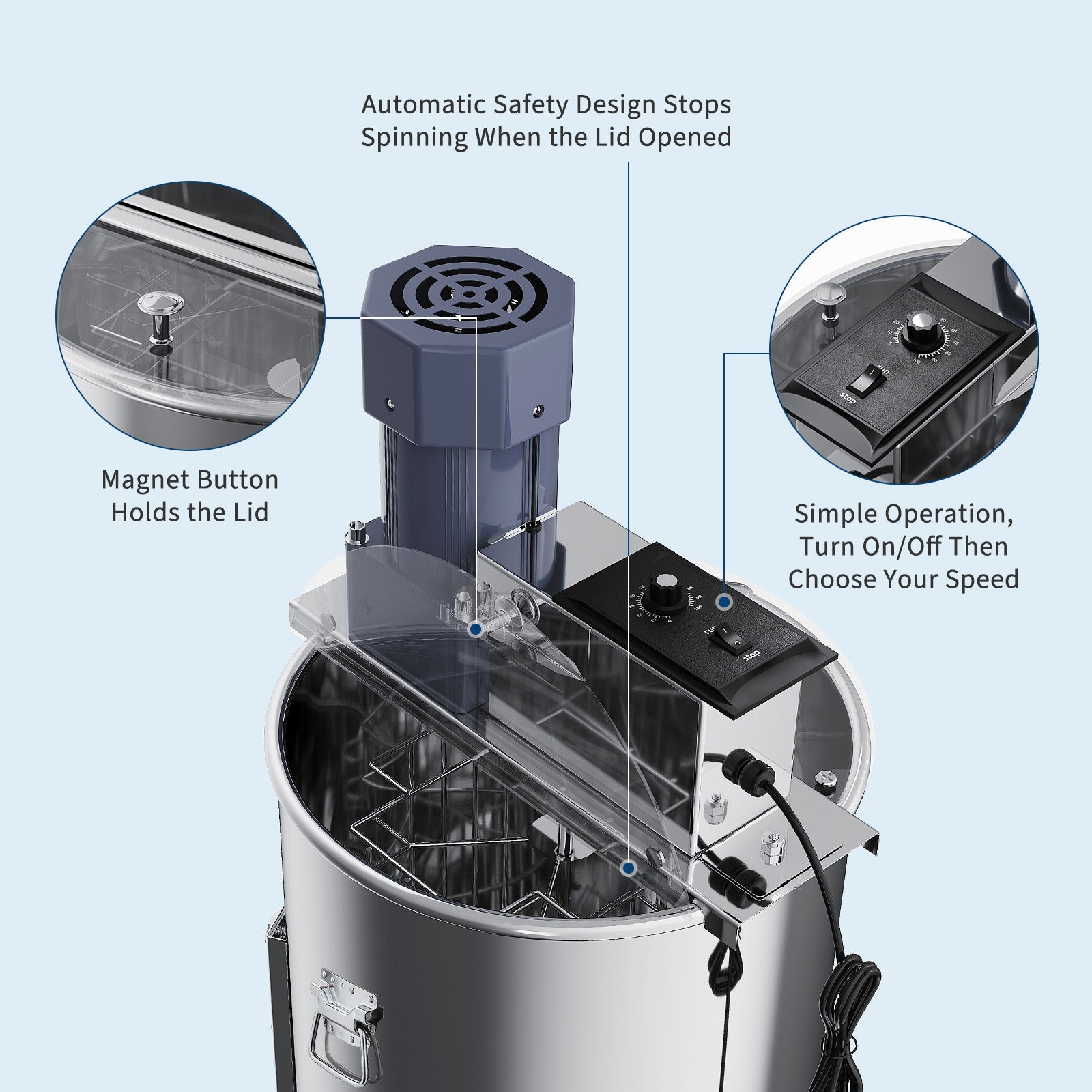 Garvee Upgraded 2/4 Frame Electric Honey Extractor with Side Handles, 140W Motor & Variable Speed 1300 RPM, Stainless Steel Beekeeping Equipment with Safety Auto-Stop Lid