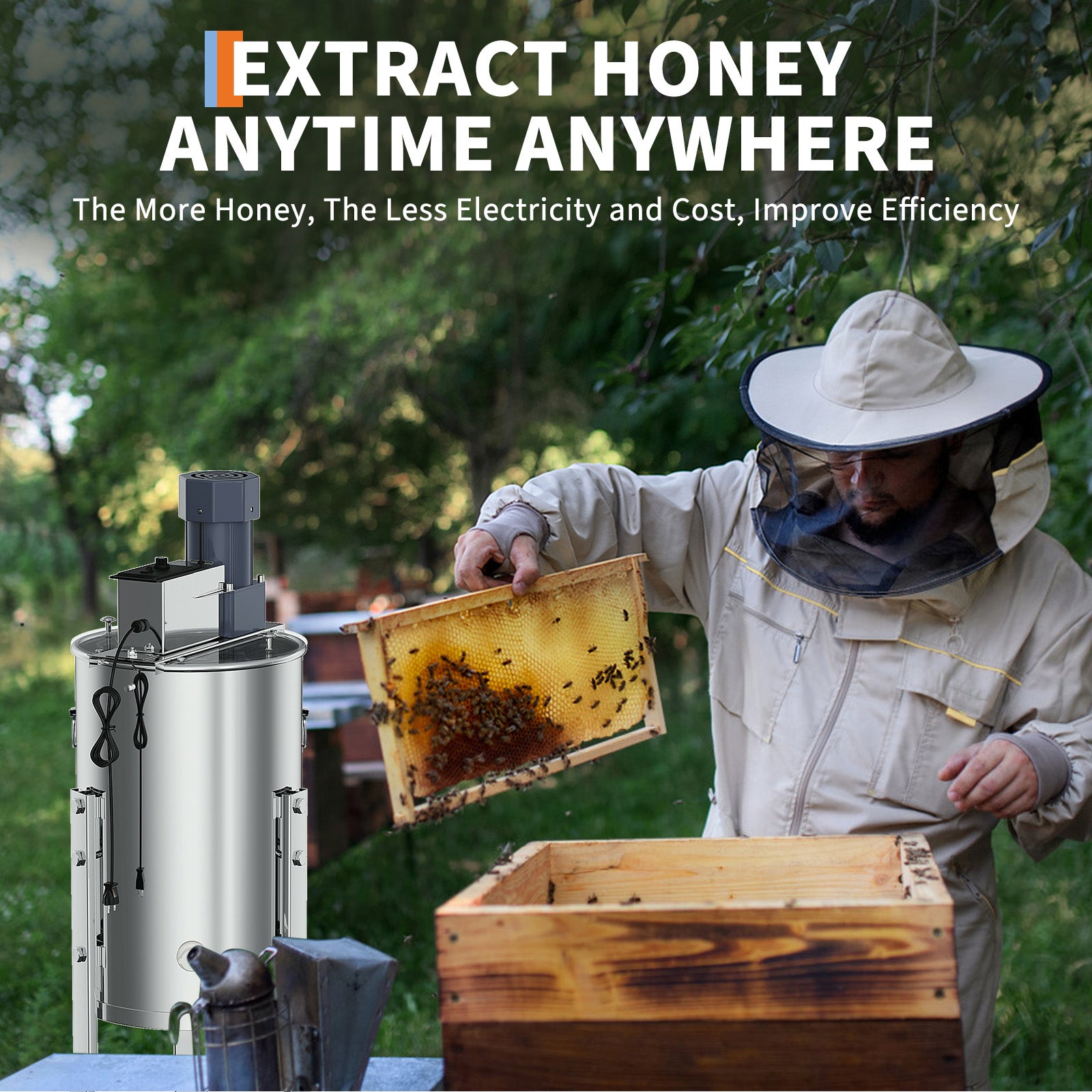 Garvee Upgraded 2/4 Frame Electric Honey Extractor with Side Handles, 140W Motor & Variable Speed 1300 RPM, Stainless Steel Beekeeping Equipment with Safety Auto-Stop Lid