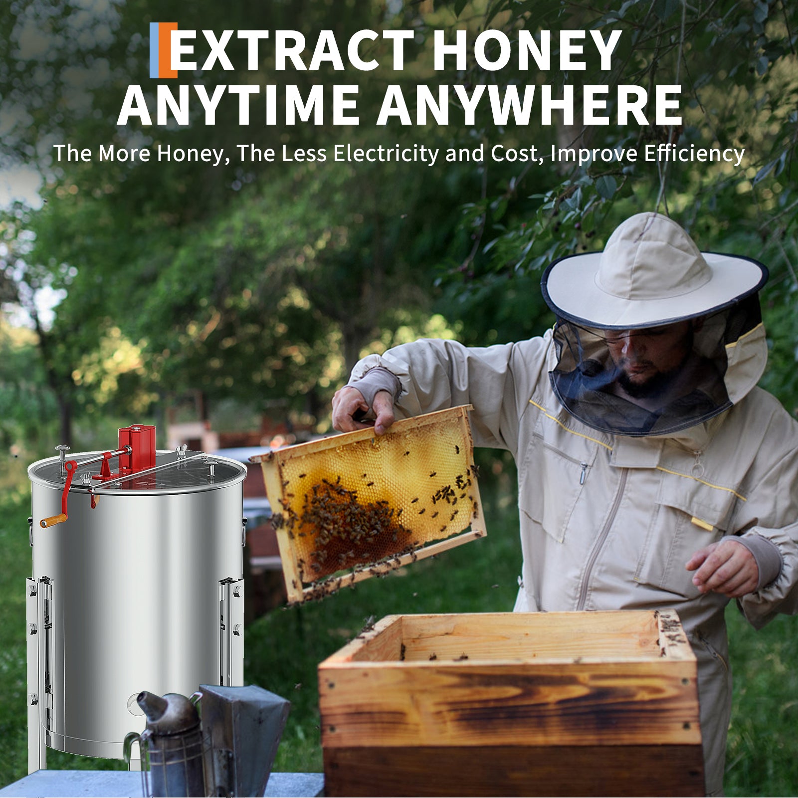 Garvee Upgraded 4 Frame Manual Honey Extractor with Side Handles, Food-Grade Stainless Steel Beekeeping Extractor with Adjustable Stand and Transparent Lid